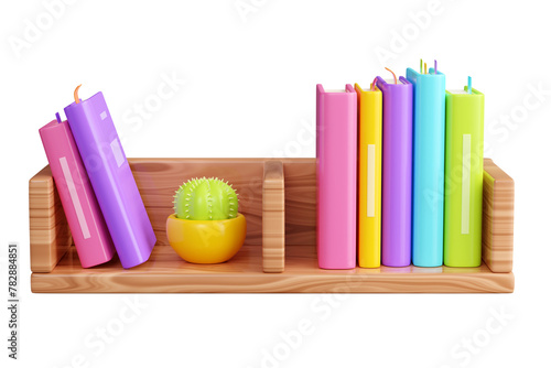 Book stack with hard cover standing and laying, and green flower in pot on wooden shelf. (ID: 782884851)