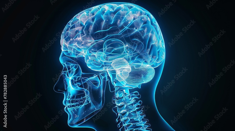 3D x-ray illustration of human brain from side view. The brain in glow color. Medical reference picture 3D x-ray illustration of human brain from side view. The brain in glow color. Medical reference picture