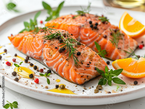 Slice of salmon on a plate isolated on white background. Fresh and raw. 