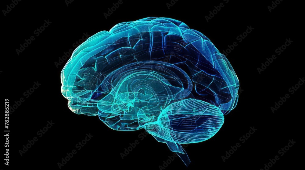 3D x-ray illustration of human brain from side view. The brain in glow color. Medical reference picture 3D x-ray illustration of human brain from side view. The brain in glow color. Medical reference picture