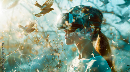 Woman in vr glasses standing in peaceful natural scene with birds flying.