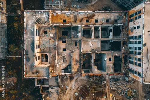 Aerial view of unfinished abandoned construction in a city