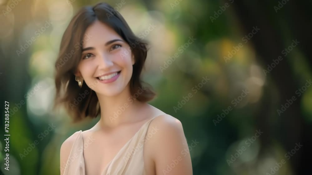 Soft smile from a young woman wearing a beige dress, standing in front of a blurred natural background. Gentle sunlight illuminates her hair and skin, creating a natural and serene atmosphere. Soft smile from a young woman wearing a beige dress, standing in front of a blurred natural background. Gentle sunlight illuminates her hair and skin, creating a natural and serene atmosphere.