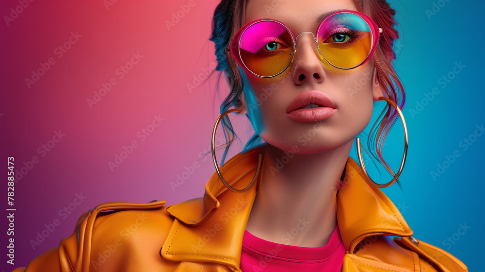 Obraz premium A woman wearing sunglasses and a pink jacket. The woman is looking at the camera. beautiful young stylish woman, colorful plain background