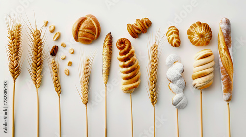 Assorted breads and wheat stalks neatly arranged in rows on a light background, showcasing a variety of baked goods. photo