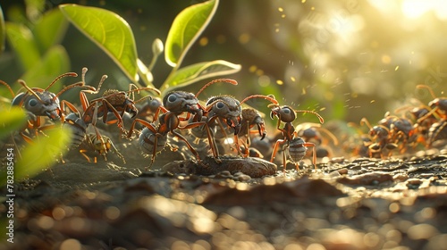 A 3D cartoon of a tiny army of ants, armed with leaf blades and acorn helmets, charging against a rival ant colony © Parinwat Studio
