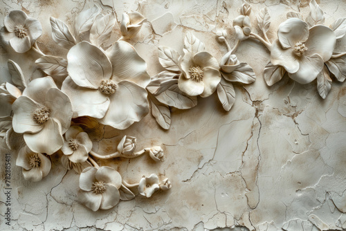 Texture of plaster with decorative flowers. Detailed stucco relief with floral designs in classical style