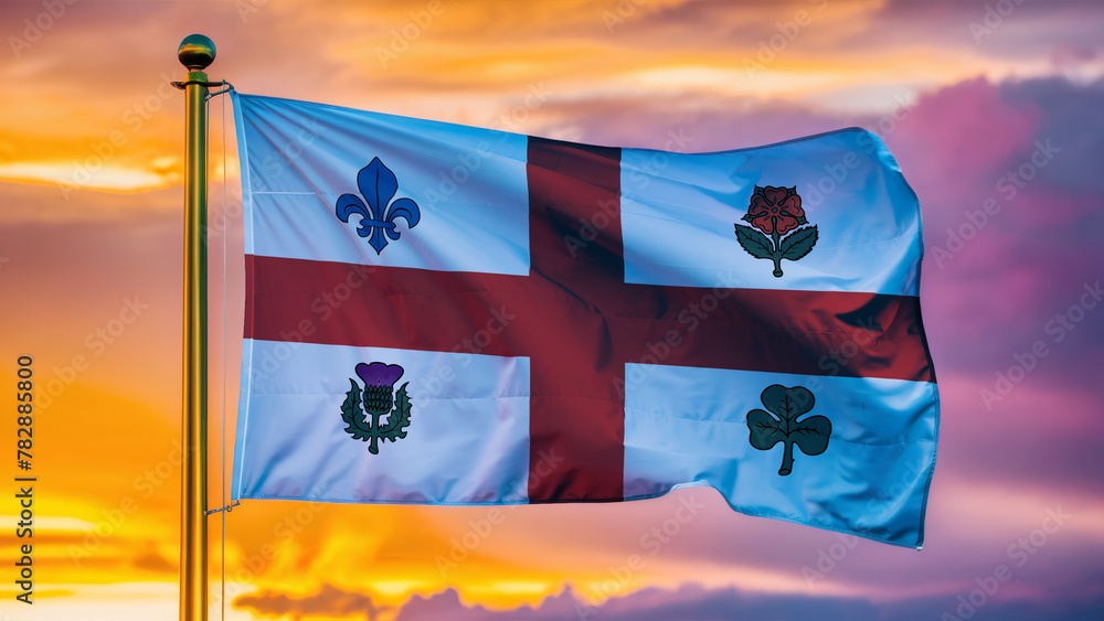 Fototapeta premium Montreal Waving Flag Against a Cloudy Sky at Sunset.