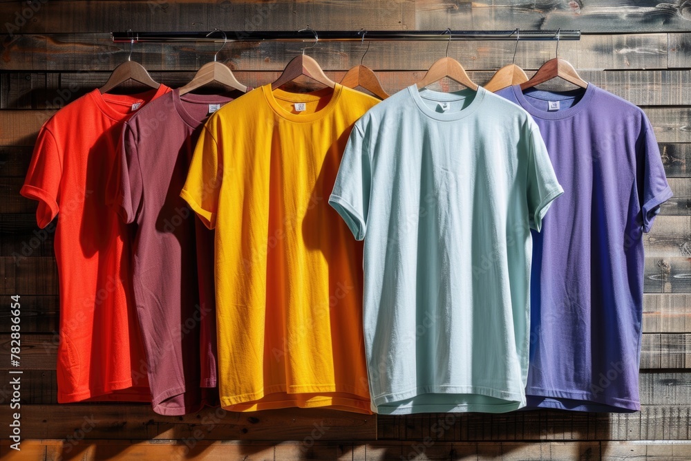 Color t-shirts hanging on a wooden clothes hanger in closet. Color t-shirts hanging on a wooden clothes hanger in closet.