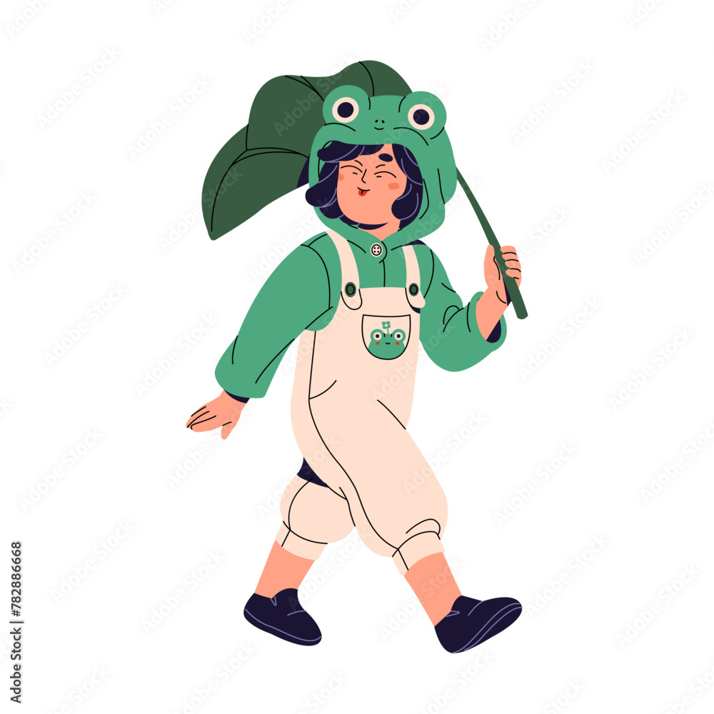 Kid in costume of little frog in Halloween carnival. Cute child dressed in masquerade froggy suit. Boy in froglet hood grimaces, carries leaf. Flat isolated vector illustration on white background Kid in costume of little frog in Halloween carnival. Cute child dressed in masquerade froggy suit. Boy in froglet hood grimaces, carries leaf. Flat isolated vector illustration on white background