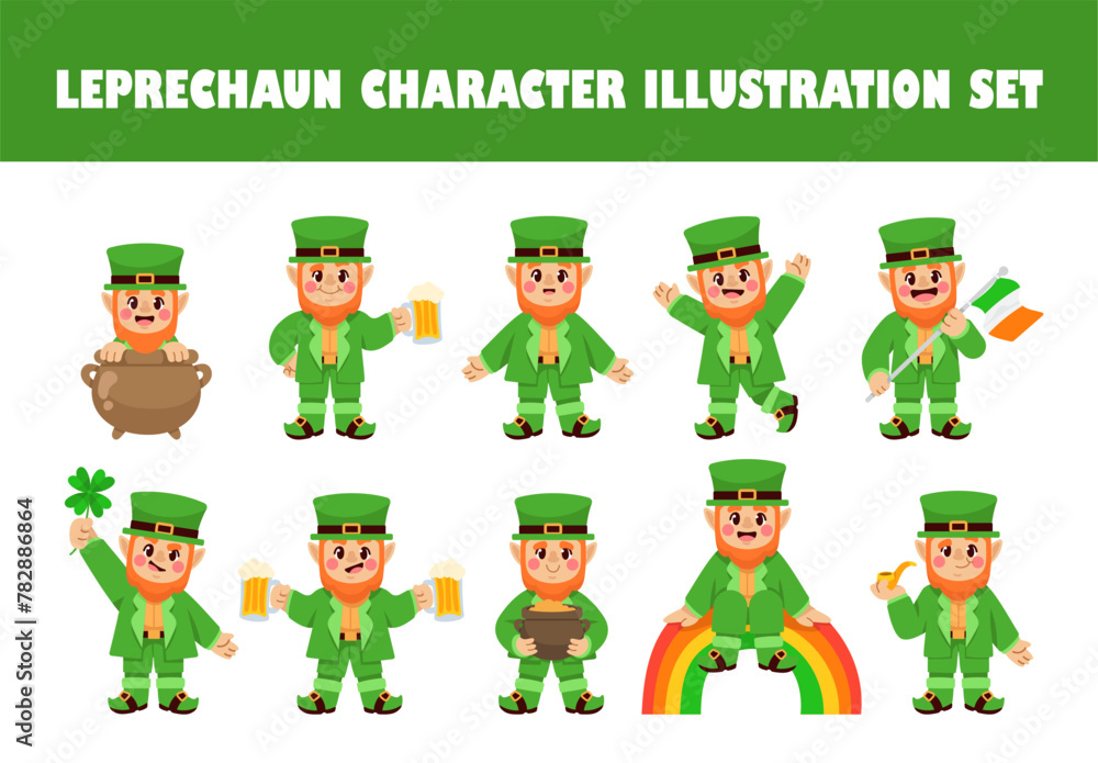 Leprechaun character vector illustration set