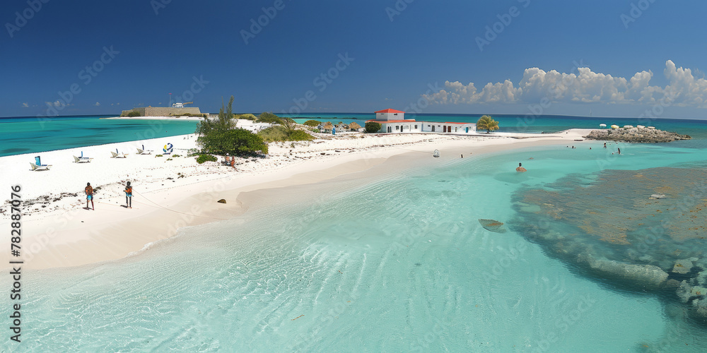 A beach with a small town in the background. The water is blue and the sky is clear