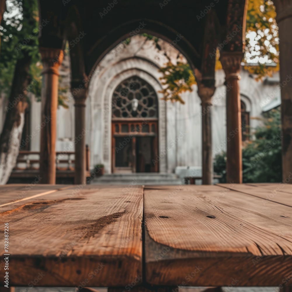 A Old Wooden Table in Mosque with Sunlight Coming Through. A Old Wooden Table in Mosque with Sunlight Coming Through.