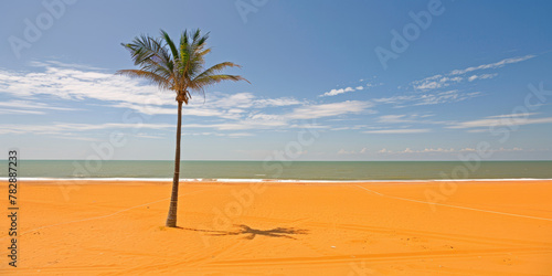 A palm tree is standing on a sandy beach with a clear blue sky above. The scene is peaceful and serene  with the palm tree providing a sense of calm and tranquility. The beach itself is a beautiful