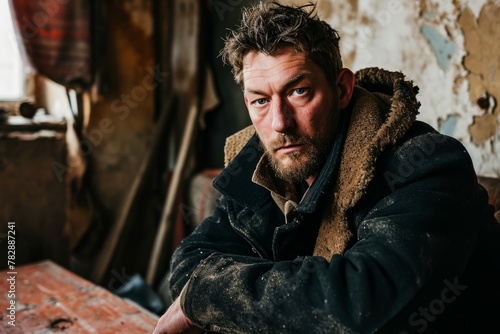 Portrait of a brutal man with a beard in a black jacket in a workshop. photo