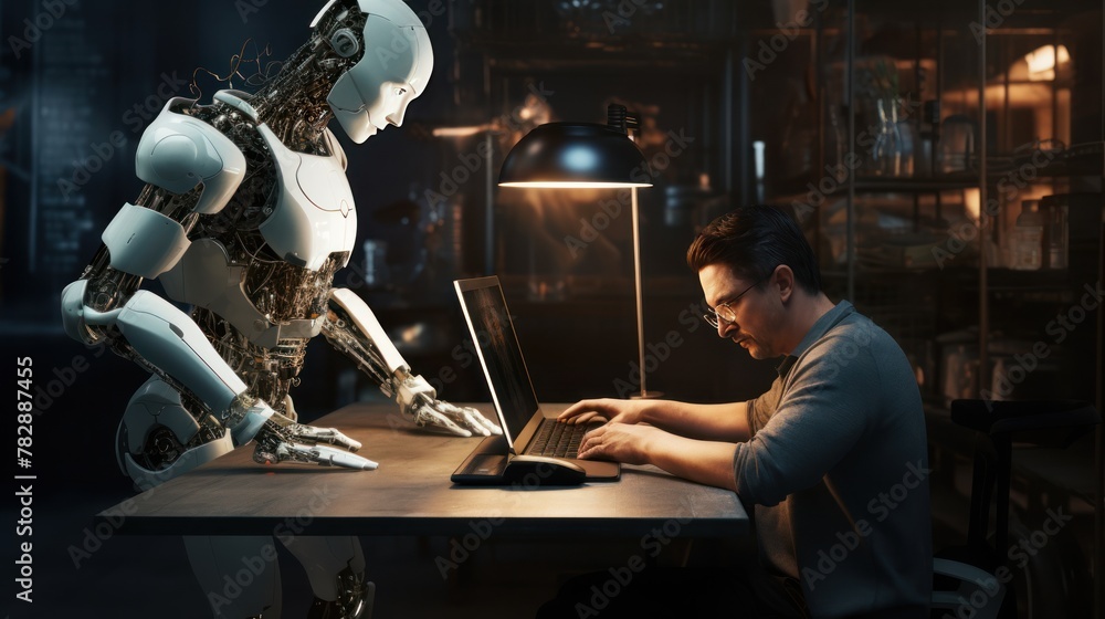 A man is professionally writing an article on a computer with an AI standing beside him helping him come up with creative ideas. A man is professionally writing an article on a computer with an AI standing beside him helping him come up with creative ideas.