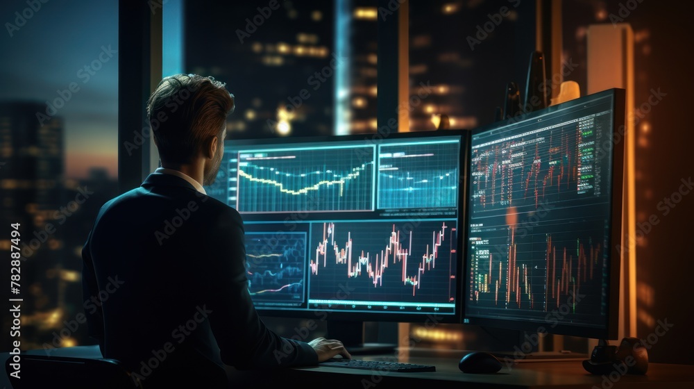 A man wearing a suit is critically analyzing data on a computer. The background is filled with graphs and charts that show insights. A man wearing a suit is critically analyzing data on a computer. The background is filled with graphs and charts that show insights.