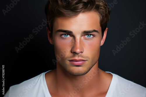  A handsome young man with a sharp face and bright blue eyes. 