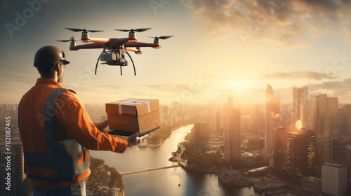  A man controls a delivery drone with ease. On the background, the city sky is full of skyscrapers. Reflects convenience and speed  © venusvi