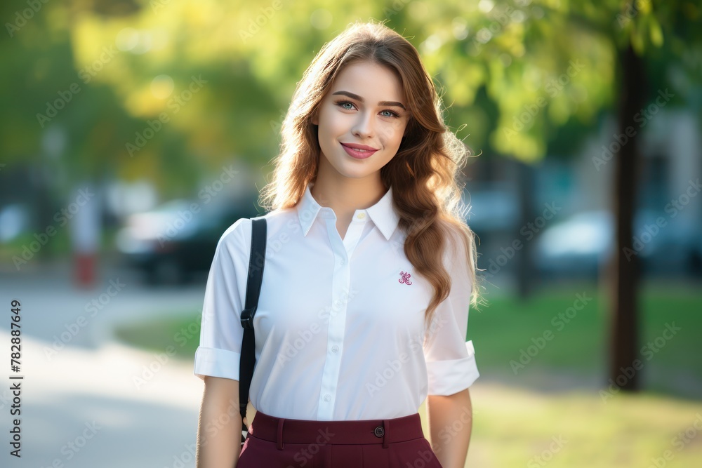 A young woman in a simple, cute, bright student uniform on a shady campus background. A young woman in a simple, cute, bright student uniform on a shady campus background.