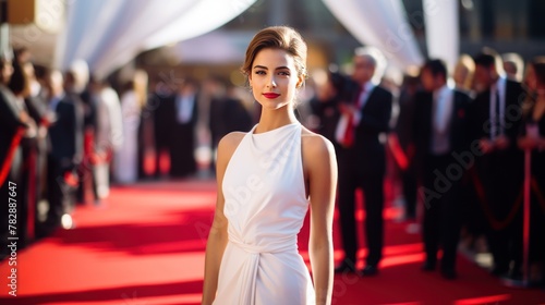 A young woman in a pure white evening gown Graceful like a queen On the background of the luxurious red carpet 