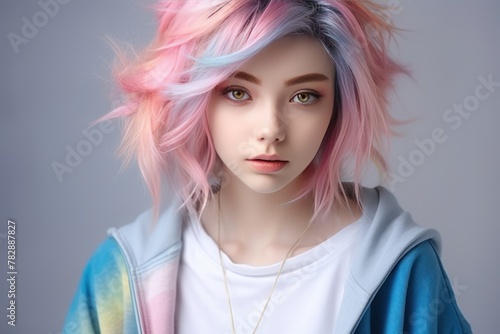 Anime style girl with big eyes and colorful hair 