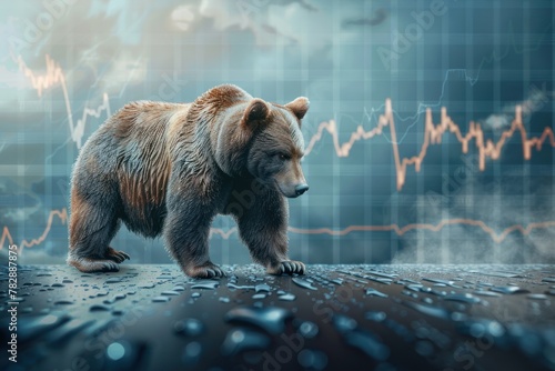  Bear, symbol of the stock market going down. On the background of the cloudy sky 