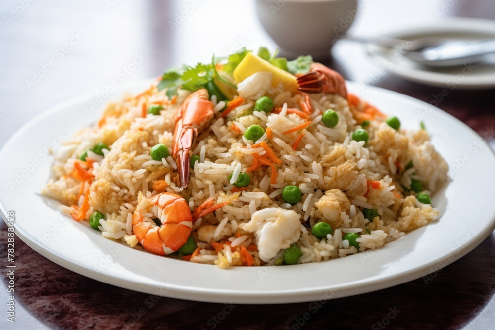  Crab fried rice with large pieces of crab meat, shrimp, green peas, carrots on a white plate.