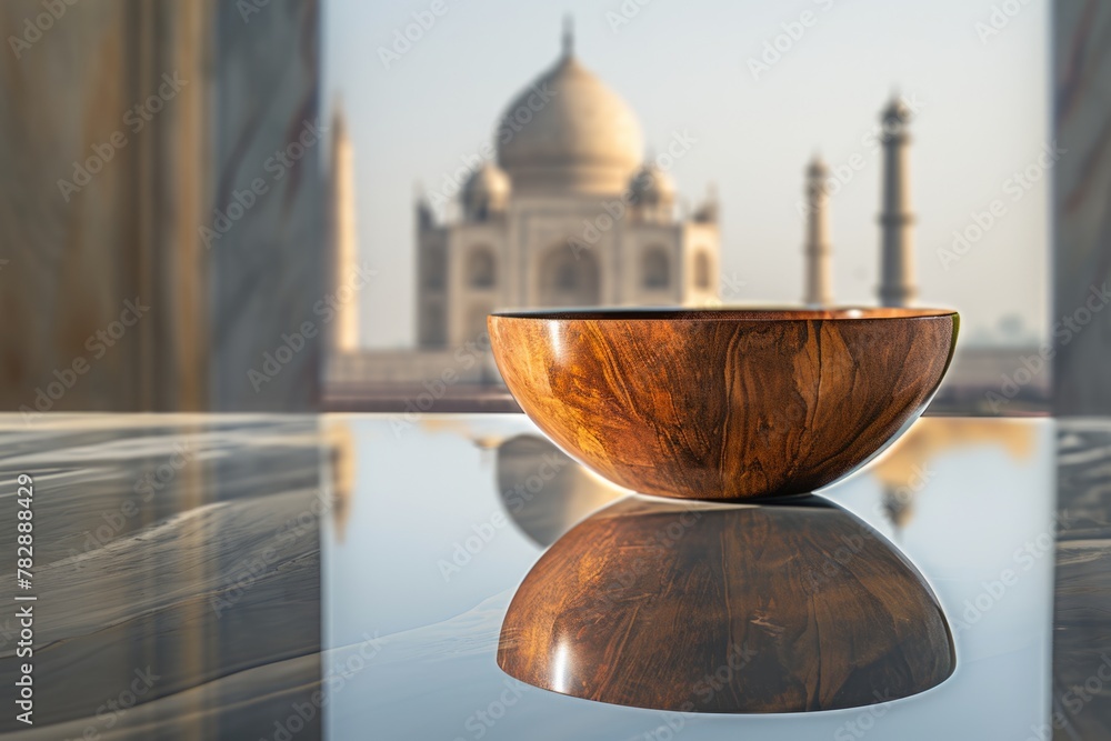A Photography tricks using to a unique photo style of The Taj Mahal with Wooden Bowl on Reflective Background. A Photography tricks using to a unique photo style of The Taj Mahal with Wooden Bowl on Reflective Background.