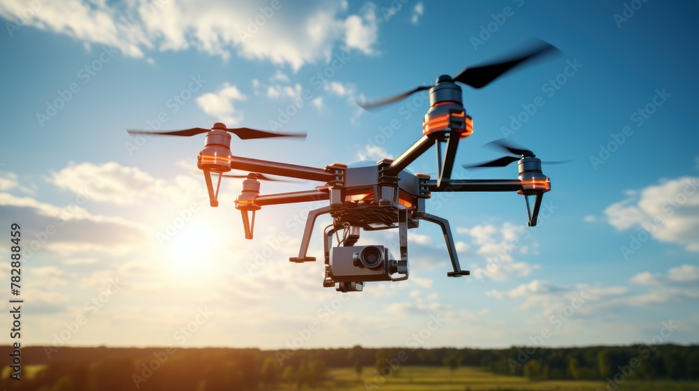 Drone equipped with solar panels flying in the air on the background of the blue sky Drone equipped with solar panels flying in the air on the background of the blue sky