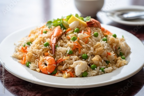  Crab fried rice with large pieces of crab meat, shrimp, green peas, carrots on a white plate.