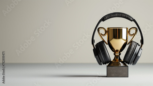 casque audio posé sur un trophée en or - fond gris