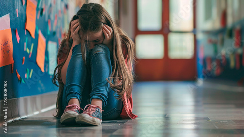 international day against violence and bullying at school, sad schoolgirl sitting on the floor at school with his head in his hands, bullying at school

 photo