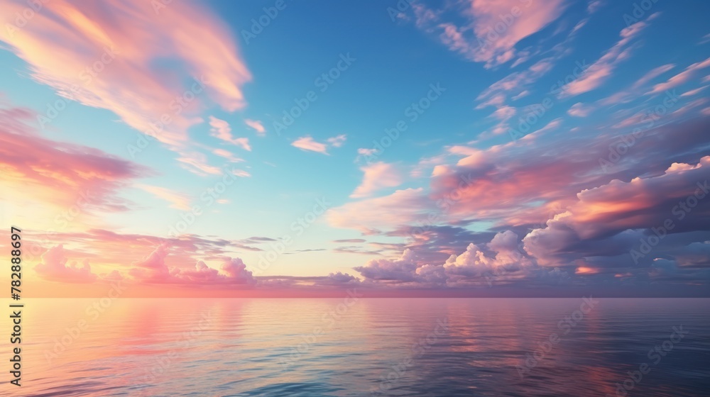 Evening blue sky, colorful clouds on the blue sea background. 