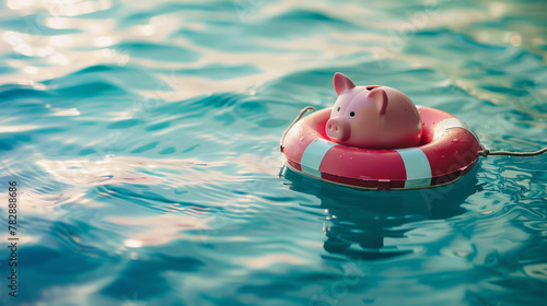 A piggy bank relying on a lifebuoy to stay afloat in water, financial stability and insurance concept photo