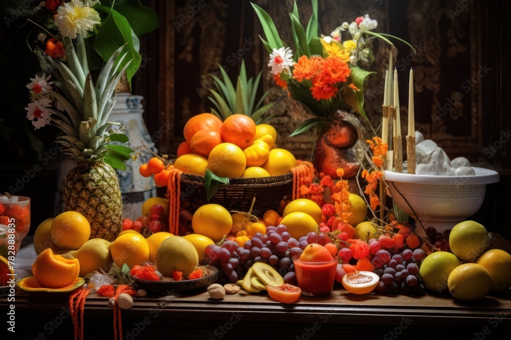 Fruits in the festival, fruits for offerings to monks, oranges, bananas, dragon fruit on the background of the altar table. Fruits in the festival, fruits for offerings to monks, oranges, bananas, dragon fruit on the background of the altar table.