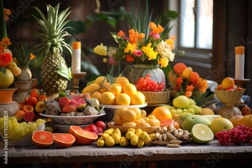 Fruits in the festival, fruits for offerings to monks, oranges, bananas, dragon fruit on the background of the altar table. 