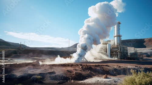 Geothermal power plant Hot jets shoot up from the ground. on the volcanic background