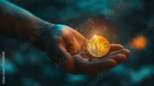 Hand clutching digital currency, Holographic, high contrast, wealth concept, dramatic lighting , clean sharp focus photo