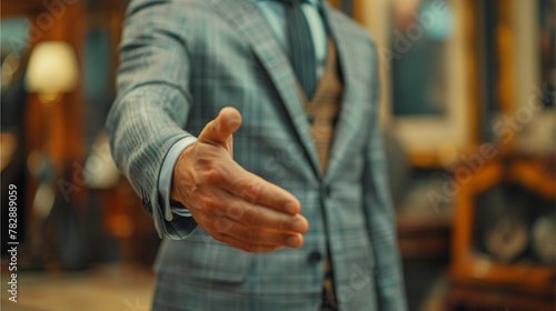 Successful businessman giving a thumbs-up handshake, wearing a suit, representing agreement and success in business