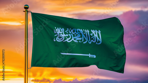 Saudi Arabia Waving Flag Against a Cloudy Sky at Sunset. photo