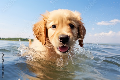 Golden Retriever puppy playing in the water 