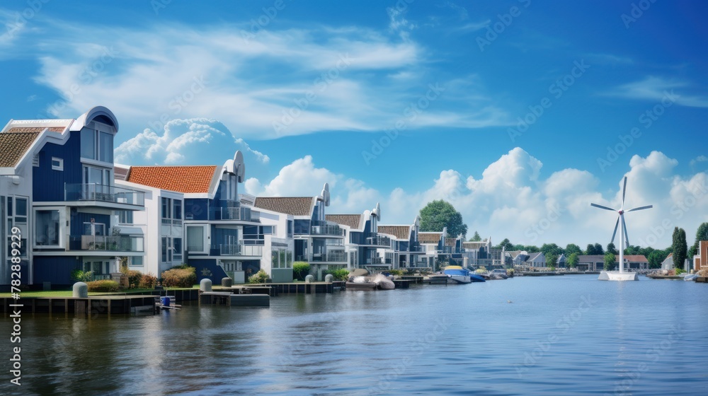 Houses along the water have water turbines installed. on the background of the blue sky 