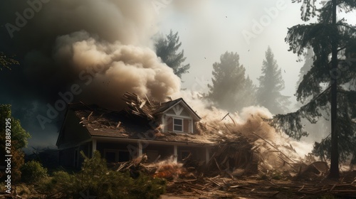 Hurricane blows down trees  destroys house tops on the background of the gray sky