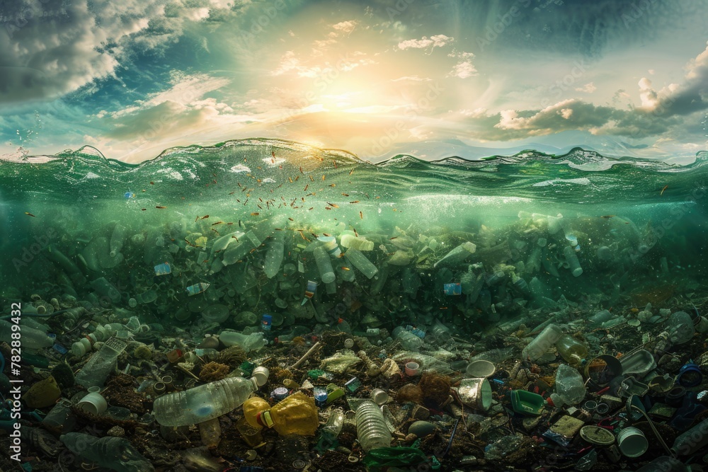 An underwater view of an endless sea full of garbage and plastic waste.