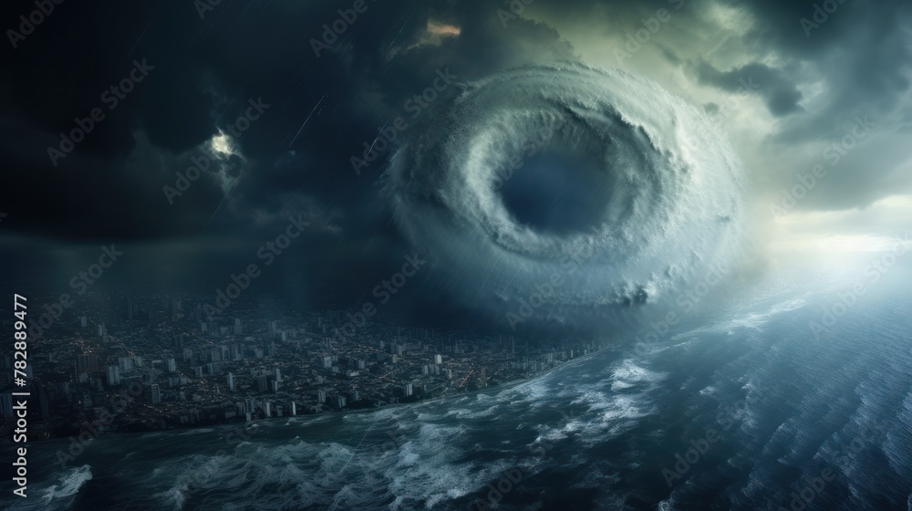 large hurricane It is hitting cities, sea coasts, high floods against the background of a black sky. 