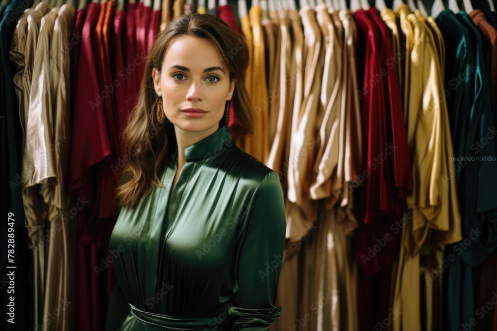 Fototapeta premium Attractive young blonde female model in green modern outfit standing on bouquet store. surrounded by various outfits. Fictional Character Created by Generative AI.