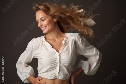 Stunning young Russian Woman in a White Blouse on Grey Background, Posing for a Photo. Fictional Character Created by Generative AI.