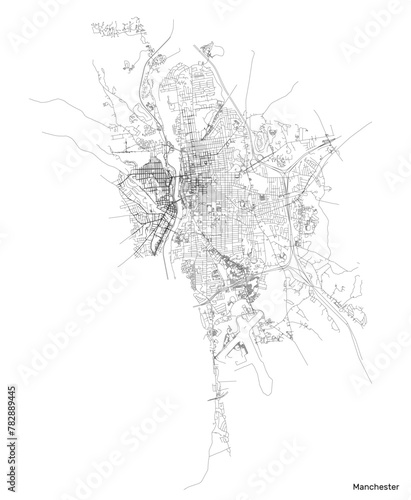 Manchester city map with roads and streets, United States. Vector outline illustration.