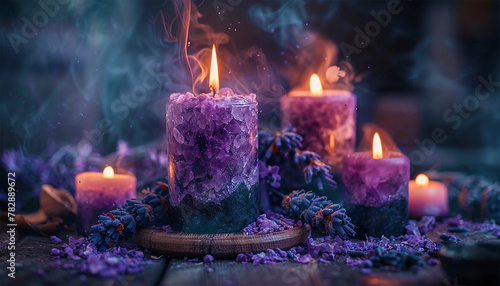 Purple candles zodiac signs, astrology and burning candles Color tone effect. Spiritual mystery fortune telling background